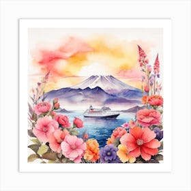 Watercolor Of A Cruise Ship And Flowers Art Print