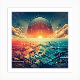 Abstract Painting Of Geometric Shapes, With Warm Sunset And Cool Blues, Wallart Art Print