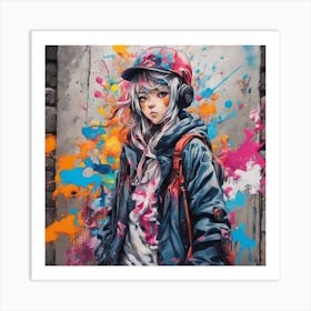 Girl With Headphones Art Print