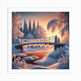 Snowy Bridge at Sunset Wall Art: A Serene Winter Landscape for Tranquil and Nature-Inspired Home Decor Print Art Art Print