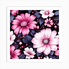 Floral Fantasia A Vibrant Pattern Bursting With Baby Pink White And Dark Pink flowers Pink Flowers On Black Background 2 Art Print