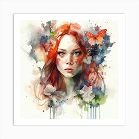 Watercolor Floral Red Hair Woman #7 Art Print