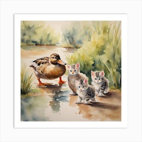 Kittens and a duck Art Print