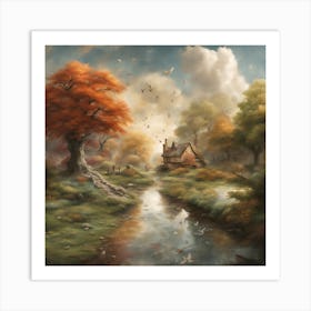 Cottage By The Stream Art Print