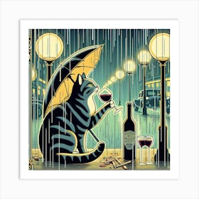 Cat Drinking Wine In The Rain 5 Art Print