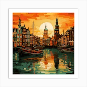 Sunset Over Amsterdam Canal Art Print