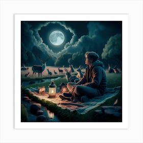 Boy In The Woods at moonlight Art Print