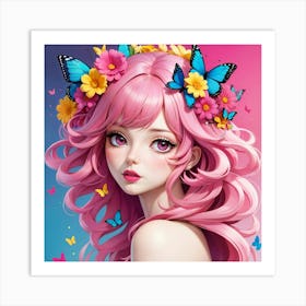 Pink Haired Girl With Butterflies Art Print