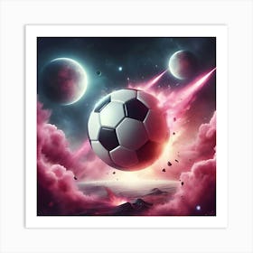 A Photo Realistic Soccer Ball As A Planet In Space With Pink Smoke And Explosions, With 2 Moons In The Background, Digital Art 3 Art Print