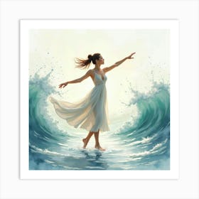 Elegant Dancer Amidst Watercolor Tranquil Waves 1 Art Print