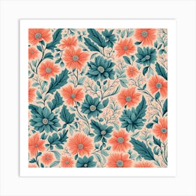 floral pattern Dusty Teal, muted Coral, 216 Art Print