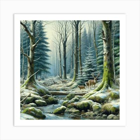 Deer In The Mossy Winter Woods, Acrylic Painting Style Art Print