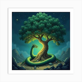 Giant Serpent Coiled Around A Glowing, Enchanted Tree Art Print