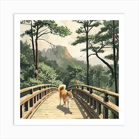 A Shiba Inu Is Walking Across A Wooden Bridge Art Print