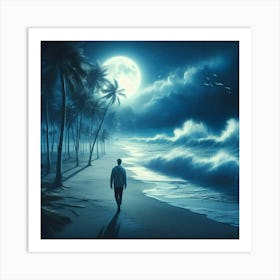 Man Walking On Beach At Night 1 Art Print