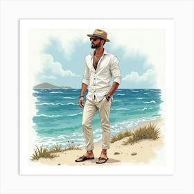 Fashionable Man In Watercolor Outfit, Picturesque Seaside 1 Art Print