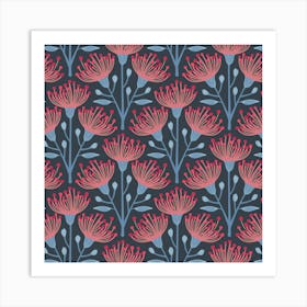 AUSTRALIAN EUCALYPTUS Floral in Deep Red Pink Light Blue on Navy Blue Art Print