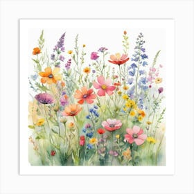 Multicolored Wildflowers Watercolor Field Drawin 03 Art Print