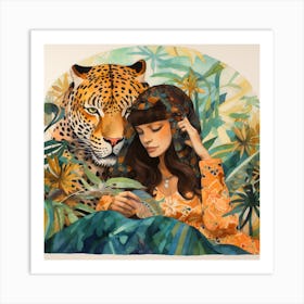 Woman And A Leopard Art Print