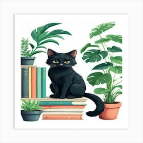 Black Cat On Books Art Print