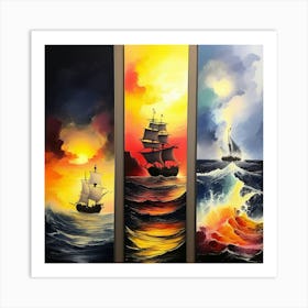hree different vertical panels, ocean sea ⛵ ships 3 Art Print