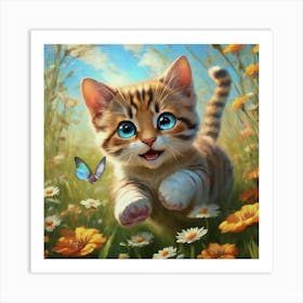 Kitten Flowers Butterfly 1 Art Print