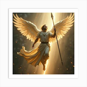 Winged Angelic Warrior Descending With A Radiant Spear Art Print