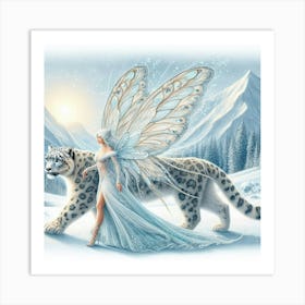 Fairy walking with a white leopard Art Print