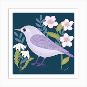 Folk Art Lilac Bird With Flowers Square Art Print