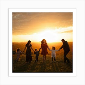 Family Captured In A Heartwarming Embrace During Golden Hour Silhouettes Of Various Family Members (5) Affiche