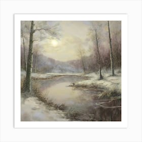 Ancient landscapes, old winter oil paintings and rocks around the lake bank. Snow is falling on the lake, old colors.8 Art Print