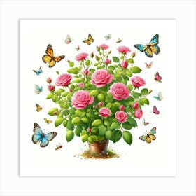 Pink Roses With Butterflies Art Print