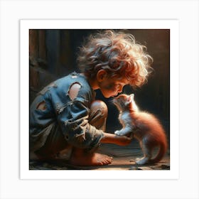 Boy Kissing A Kitten Art Print