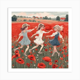 Three Girls In A Poppy Field Art Print