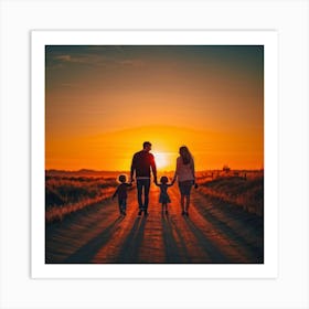 A Family Immersed In A Content Moment Walking Hand In Hand Against A Background Of A Sunset Graduall (7) Art Print