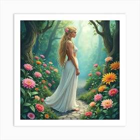 Watercolor Persephone In A Lush, Blooming Underworld Garden 1 Art Print