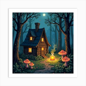 Witch Brewing Potions In A Forest Cabin Surrounded By Glowing Mushrooms 1 Art Print