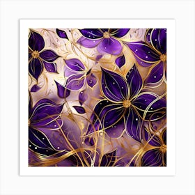 Purple Flowers With Gold Leaves Art Print