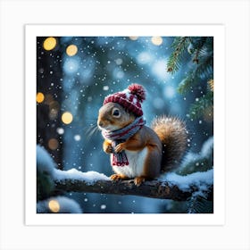 Squirrel With A Knitted Hat And Scarf Perched On A Tree Branch Oversized Accessories Dwarfing Its S Art Print