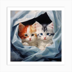 Two Kittens Peeking Out Of Blue Cloth Art Print