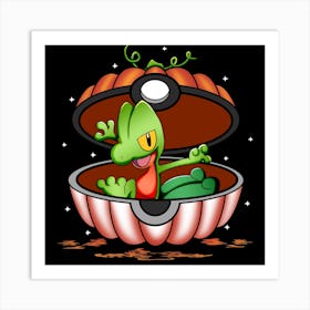 Treecko In Pumpkin Ball - Pokemon Halloween Art Print