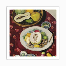 Chinese Oil Paintings With Fruit And Vegetables In A Plate In Top Of A Table 2 Art Print