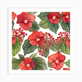 Botanical Wall Art Flowers Red Begonias Leaves #3 Art Print