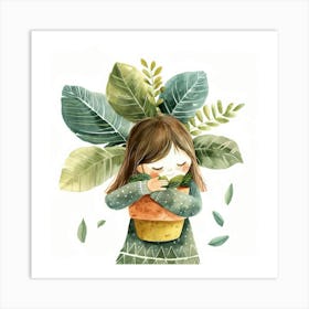 Little Girl Hugging A Plant Art Print