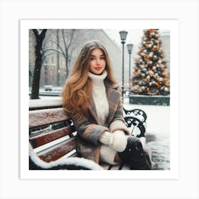 Beautiful Girl Sitting On A Bench In Winter Art Print