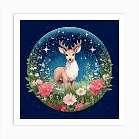 Firefly Charming, Cute, Reindeer, Baby, Winter, Meadow, Starry, Night, Round, Background, Peonies, S Art Print