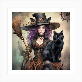 Witch And Cat Art Print