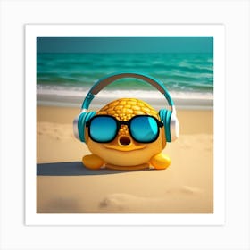 Fish With Headphones On The Beach Art Print