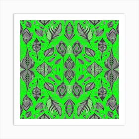 Neon Vibe Abstract Peacock Feathers Black And Green Art Print