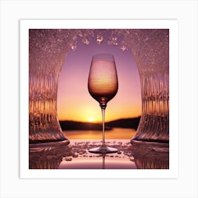 Vivid Colorful Sunset Viewed Through Beautiful Crystal Glass Sparkling Wine, Close Up, Award Winning Art Print